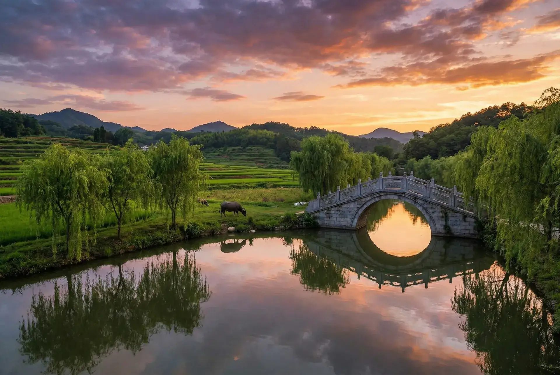 夕阳下的石拱桥与垂柳，水牛在河边吃草 - 老手 电影 乡村美景